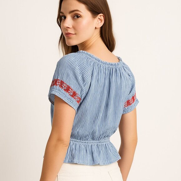 Auguste Cotton Striped Embroidered Boho Peasant Blouse Festival Top Size Small - Picture 4 of 11